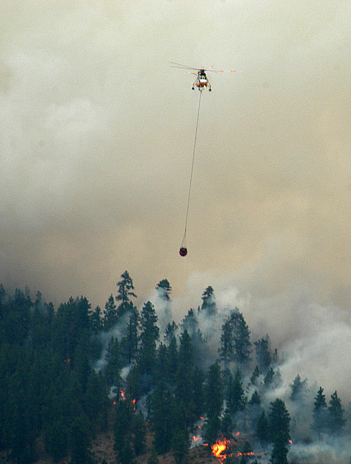 firefighters in a helicopter managing a wildfire