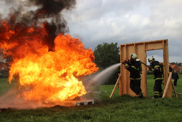 firefighters live fire training in a fire academy